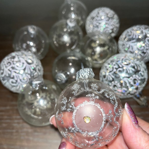 11 Vintage West German Ornament Balls, West German 2" Clear White Scroll Ornaments, Clear Glass Silver Glitter Ornaments, West German Clear