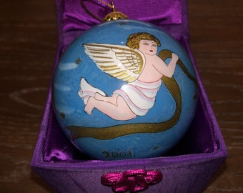 Li Bien Christmas Angel 2001 Ornament, Li Bien Angels Joyeux Noel Ornament, Li Bien Glass Hand Painted Angel 2001 Ornament, in the box