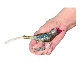 Può includere: Un ornamento a forma di uccello in vetro vintage con corpo in argento metallizzato, dettagli delle ali blu, becco rosa brillante e una lunga e sottile coda in fibra bianca. L'ornamento è fissato a una clip in metallo argentato per il fissaggio.