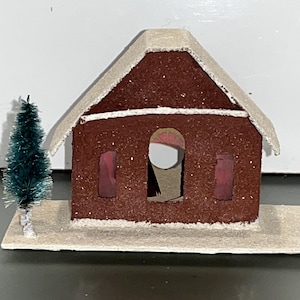 Vintage Brown Putz House, Cardboard Mica House, Vintage Putz Houses made in Japan, Putz Cabin House, Putz Roof, Bottle BrushTree