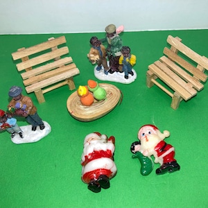 Vintage Dept 56 Village Characters, Christmas Village Benches, Wooden Birds in Nest, Mini Plastic Santas, Mini Christmas Craft Lot