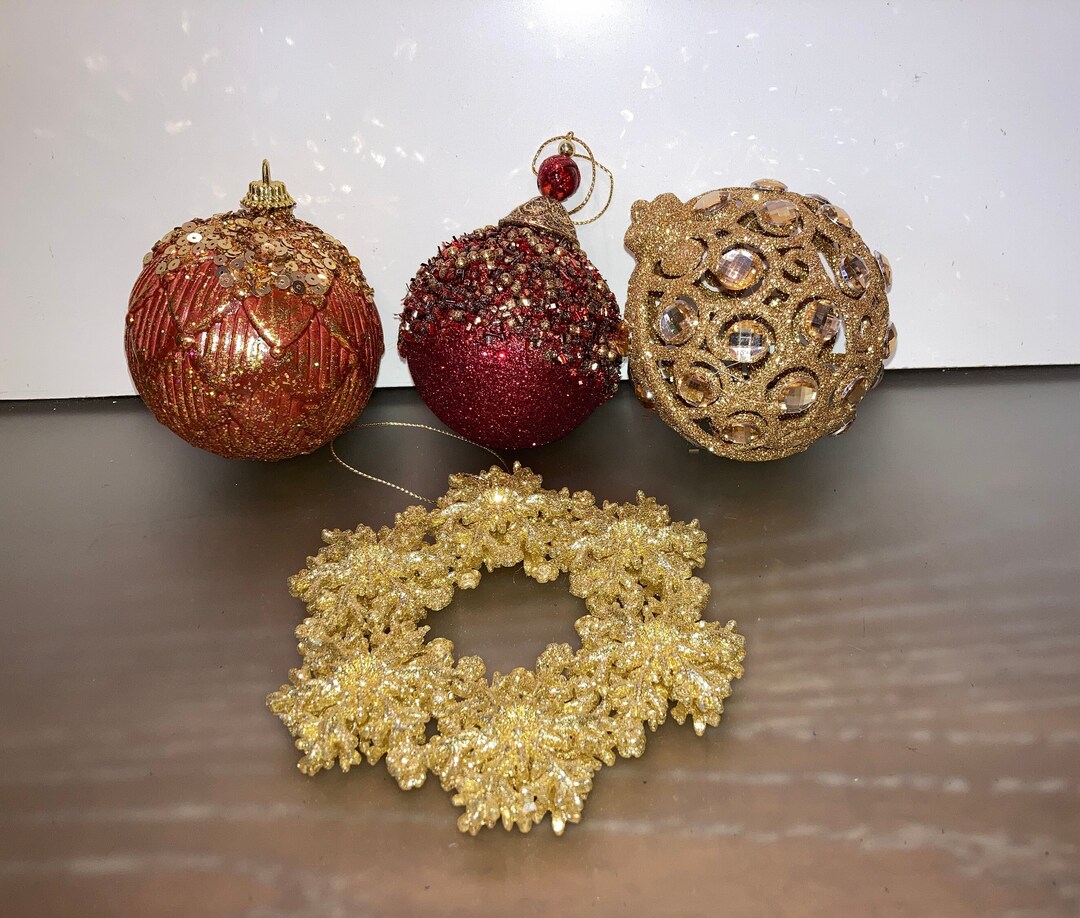 4 Plastic Filigree Ornaments Balls, Plastic Glittered Ornaments, Large