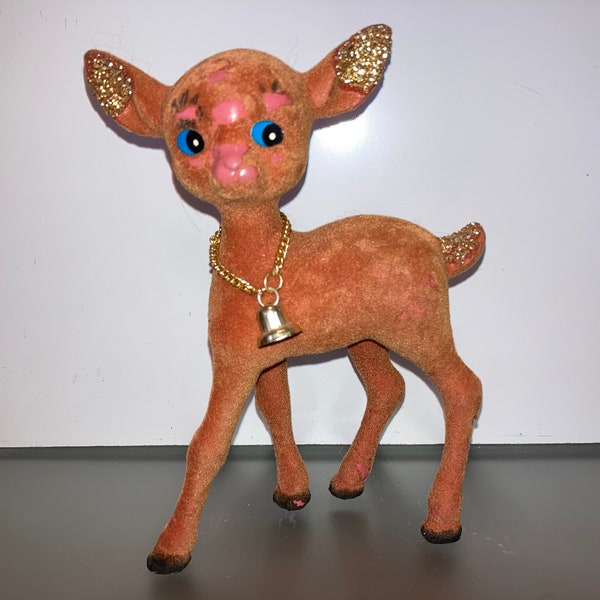 Mid Century Flocked Christmas Reindeer, Japan 7" Brown Felt Deer, 4" Deer Figure, Glittered Trimmed Deer, Standing Reindeer with Bell