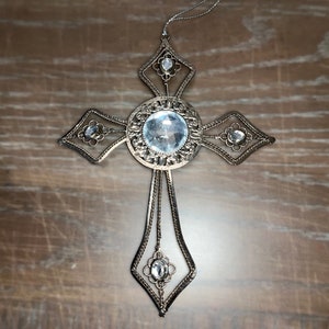 Vintage Silver Cross Ornament, Jeweled Cross Ornament, 6&quot; Silver Cross Ornaments, Cross Ornament, Mint