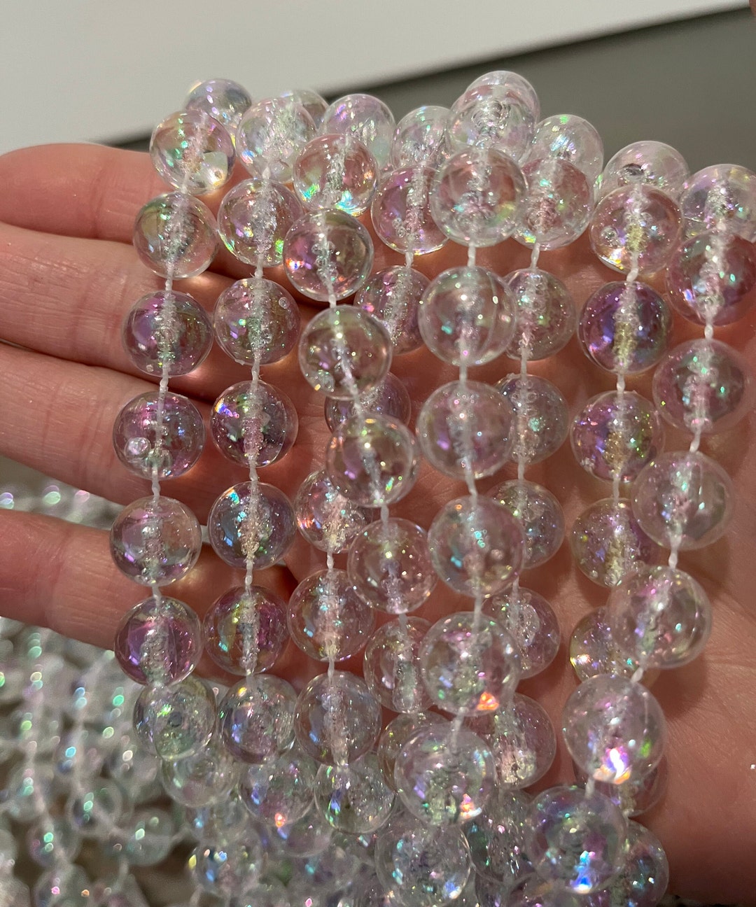 33' Vintage Clear Iridescent Bead Garland, Iridescent Large Bead