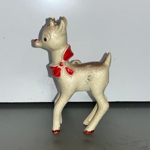 Vintage White Plastic Reindeer Ornament, Early Plastic White Reindeer Red Bow, Vintage 3 1/2&quot; Plastic Reindeer, Christmas Village Reindeer