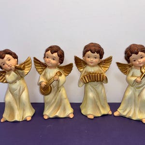 4 Vintage Japan Musical Angels, Vintage Ceramic Angels Colonial Candle Japan, 6 1/2&quot; Gold Angel Figures, Angel Figures, Christmas Angels
