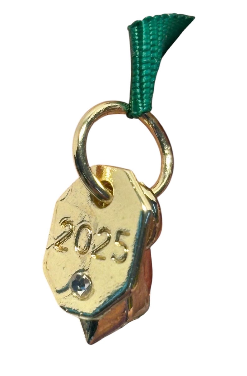 May include: A gold-colored charm with the year "2025" engraved on it, along with a small, clear gem. The charm is attached to a gold ring and a green ribbon. The charm has a geometric shape.