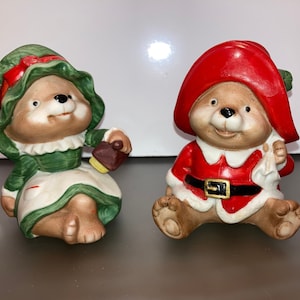 Coppia di personaggi vintage di orsi natalizi Homco, orsi natalizi Homco, orso di Babbo Natale Homco, esposizione natalizia Mr Mrs Bear, Homco 5600, buono