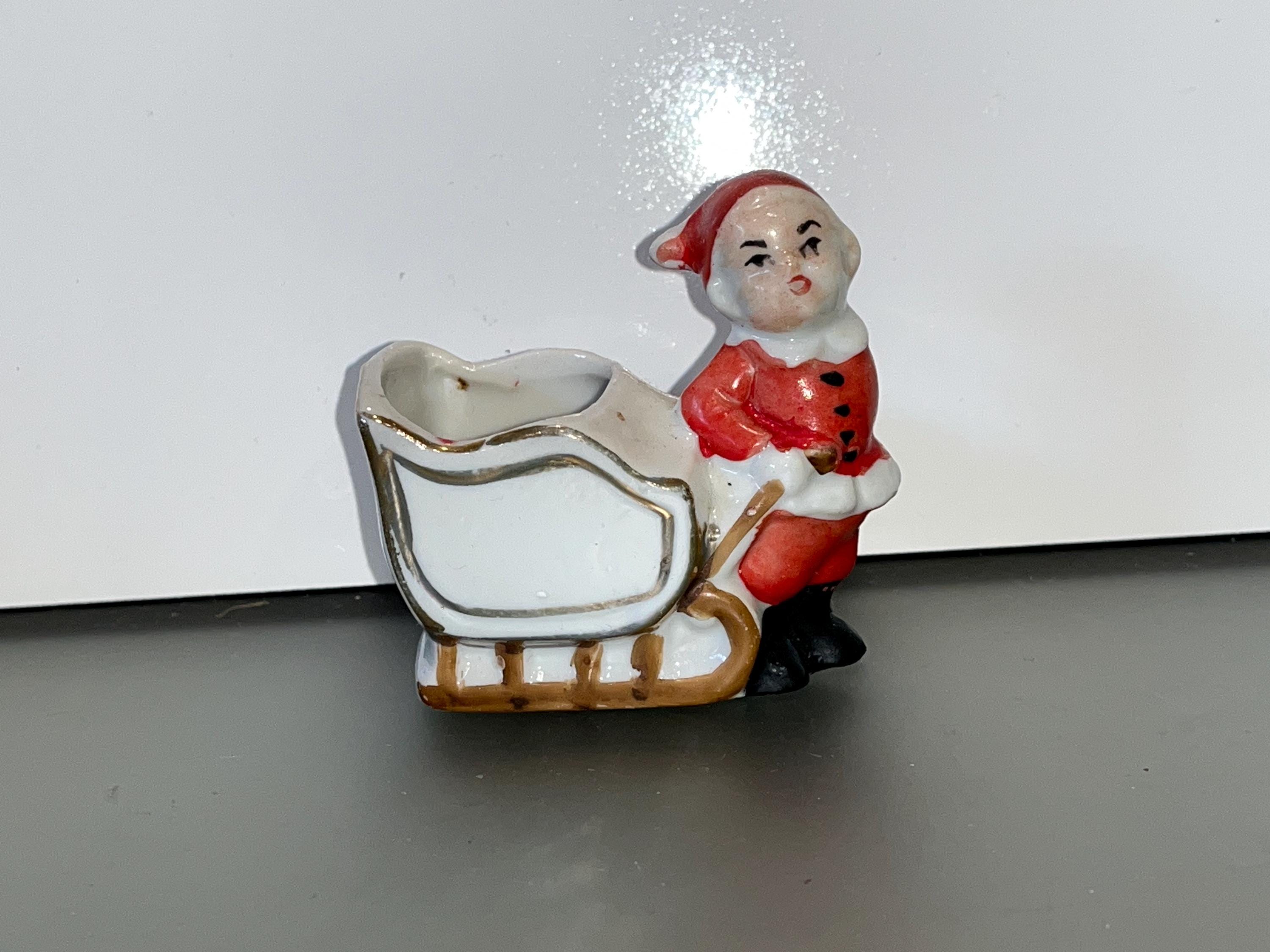 Vintage Japan Elf, Ceramic Elf with Sleigh, Signed Japan Elf Planter, 2 1/2" long Elf with Sleigh, Ceramic Elf Figure, Good