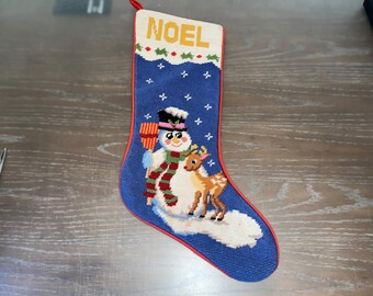 Mid Century Needlepoint Christmas Stocking, Vintage Wool Needlepoint Snowman Stocking, 19" Tree  Stocking, Noel Christmas  Stocking