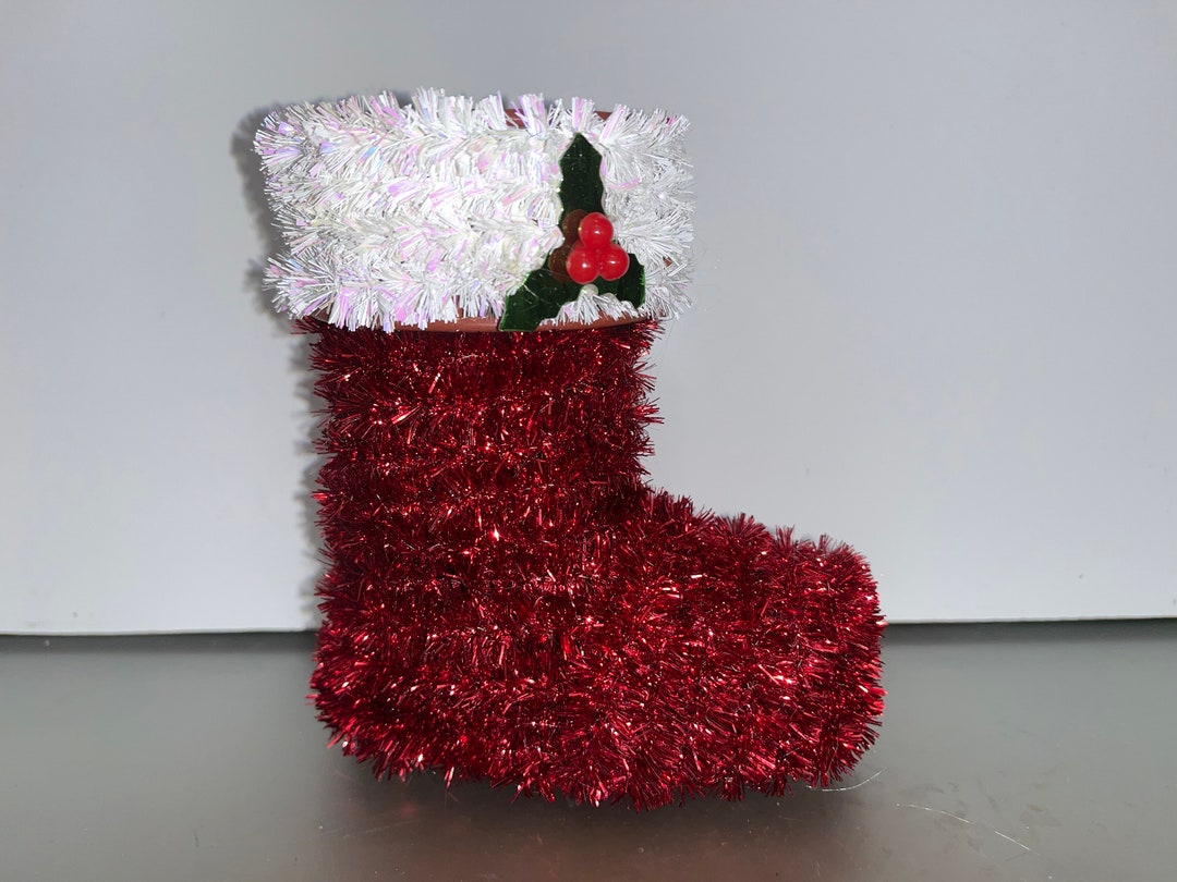Vintage Tinsel Red Santa Boot, Plastic Frame Red Santa Boot, Vintage