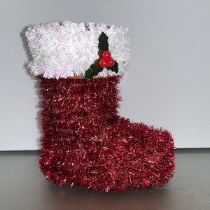 Vintage Tinsel Red Santa Boot, Plastic Frame Red Santa Boot, Vintage Red and White Tinsel Boot, 5&quot; Red Tinsel Santa Boot