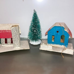 2 Vintage Putz Houses, Cardboard Mica Glitter Houses, Vintage Putz Houses made in Japan, 4&quot; Bottle Brush Tree, Putz Village Blue House