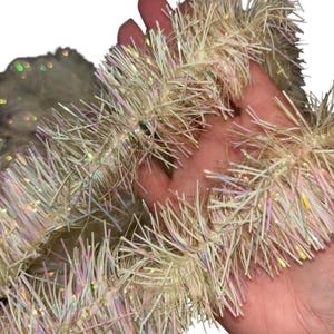 27&#39; Vintage Iridescent Tinsel Garland, Winter White Iridescent Fine Tinsel Garland, Fine Iridescent Tree Tinsel, 2&quot; Wide Tinsel Garland