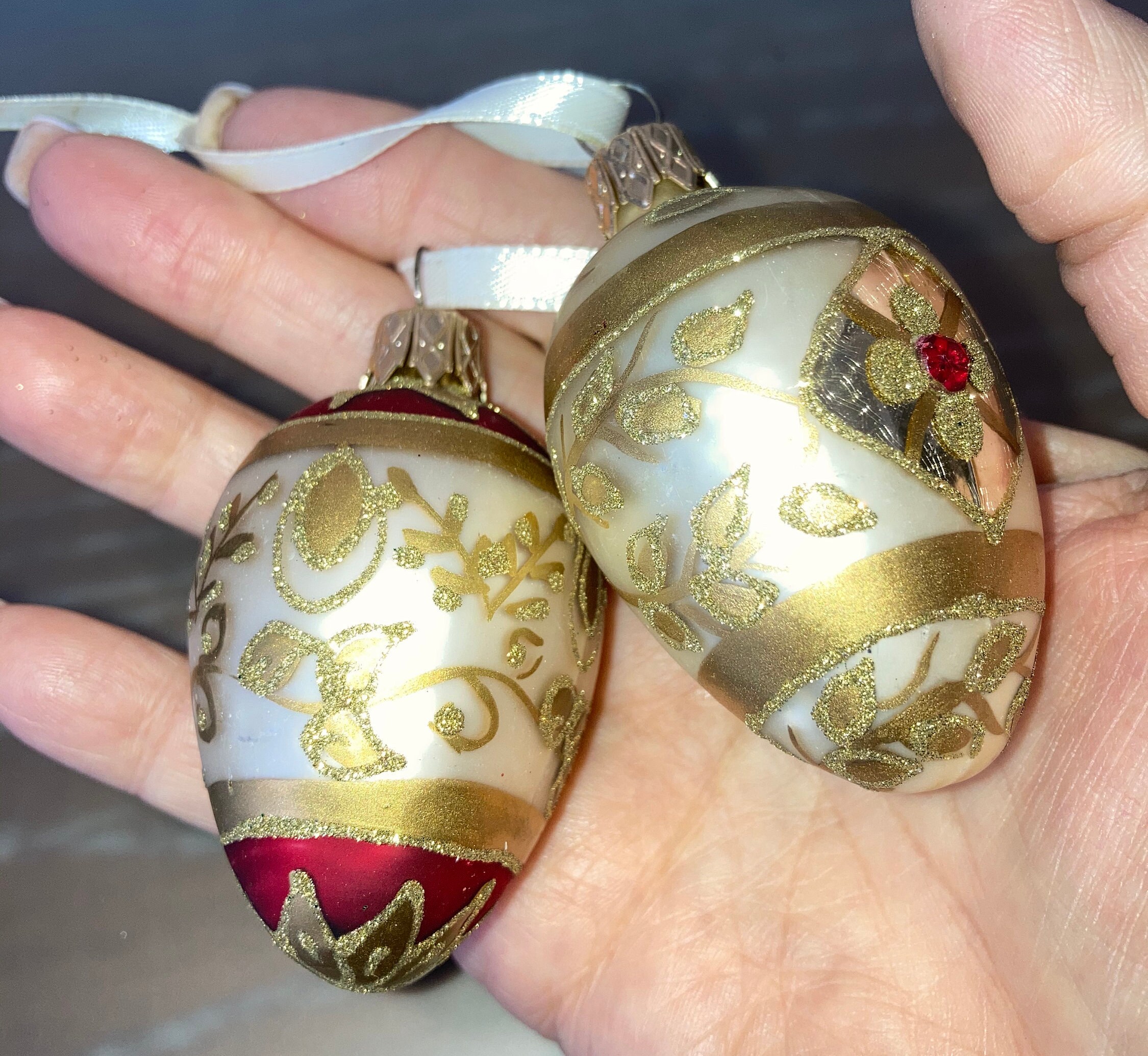 Pair of Gold Red Glass Ornaments Vintage Egg Shaped Etsy