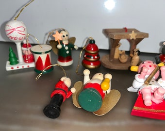 12 Piece Wooden Christmas Ornaments, Vintage Wooden Toy Ornaments, Wooden Angel Ornaments, Wooden Santa, Wooden Nativity, Wooden Lot