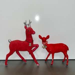 Mid Century Red Flocked Christmas Reindeer, Japan 10&quot; Red Felt Reindeer, 7&quot; Red Flocked Deer, Red Reindeer with Bell, Free Standing Deer