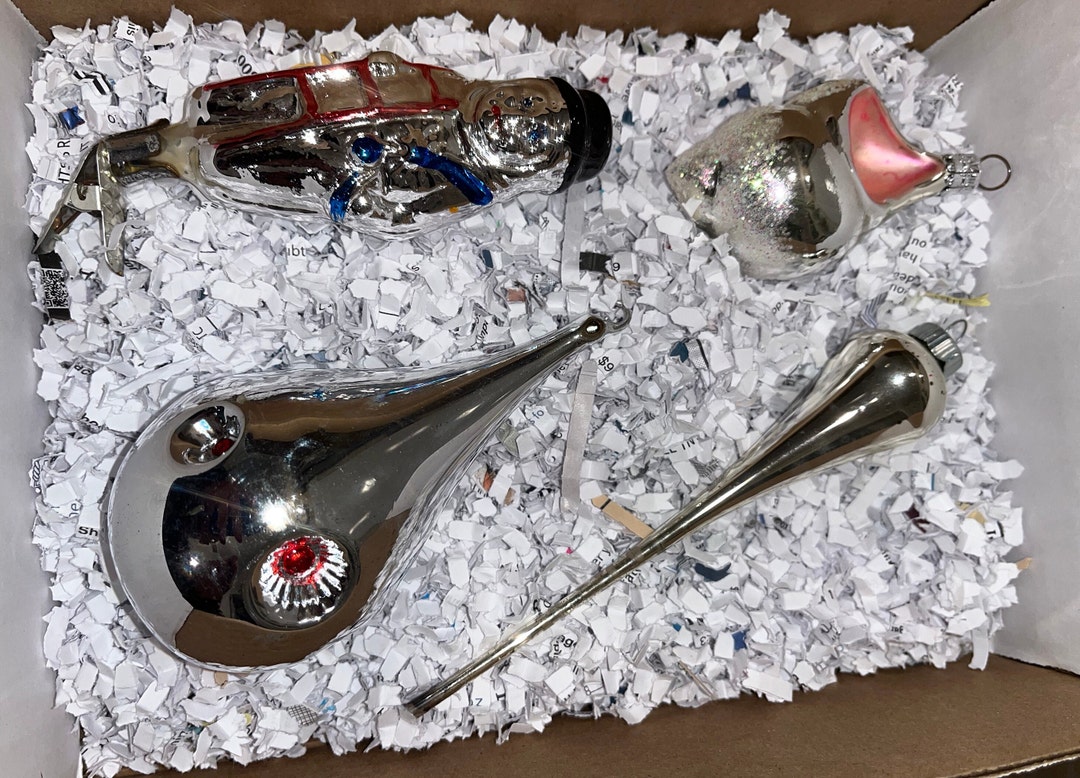 4 Vintage Silver Ornaments, 6 Glass Icicle, Vintage 5 Silver Indent