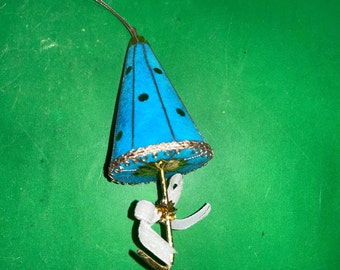 Vintage Parasol Ornament, Turquoise Sequin Umbrella Ornament, Decorated 5" Parasol Ornament, Tinsel Bow Parasol Ornament, Mint