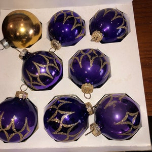 8 Radko Purple Diamond Ornaments, Purple Gold Glitter Christopher Radko Ornaments, 2 1/4" dia Purple Ornaments Glitter Stencil Diamonds