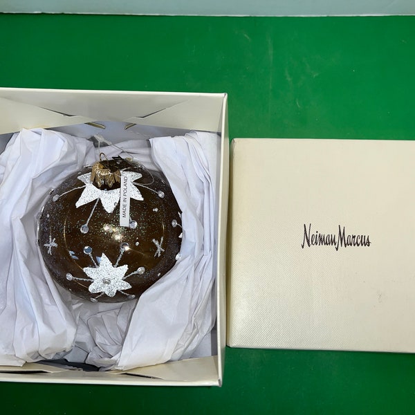 Neiman Marcus 2007 Ornament, Neiman Blown Glass 4" Ornament Ball, Tinted Jeweled Snowflake Ornament, Glittered Snowflake Ornament, in Box