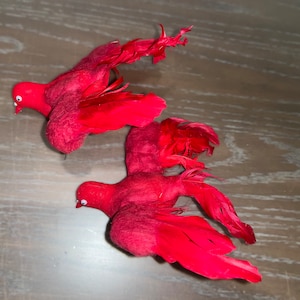 2 Vintage 6&quot; Red Spun Feathered Bird Tree Ornament, Spun Cotton Branch Wrap Bird, Red Feathered Spun Cotton Bird, Spun Cotton Bird Ornament