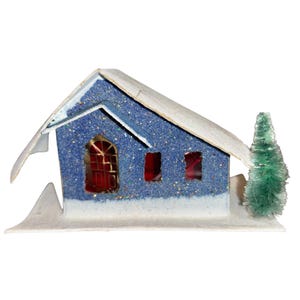Vintage Putz House, Wooden Base Chenille Tree, 4&quot; Blue Cardboard Mica House, Vintage Putz House made in Japan, Putz Village Blue House
