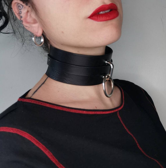 Leder Gothic 2 Rhg. BDSMHarajuku Halsband mit Großem O-Ring Weiß4,5 cm B 