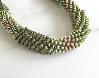 Ribbon Lei - Green Leaf with Shell (green and brown)- Hawaiian craft, for hula, for Hawaii trip, for graduation, for wedding