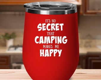 Copas de vino para acampar con tapa, vasos de vino para acampar, vaso de vino para campamento, vasos de vino temáticos para acampar: acampar me hace feliz