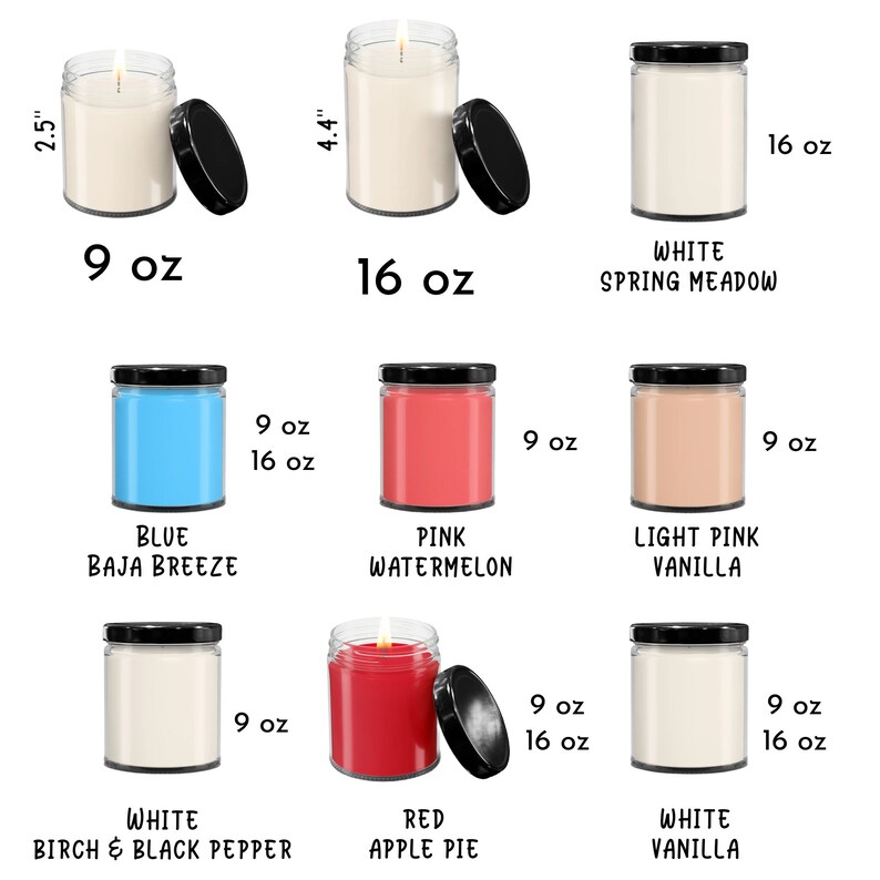 Puede incluir: Velas de nueve y diecis&eacute;is onzas en varios colores y aromas, incluyendo pradera de primavera blanca, brisa azul de Baja, sand&iacute;a rosa, vainilla rosa claro, abedul blanco y pimienta negra, pastel de manzana rojo y vainilla blanca.
