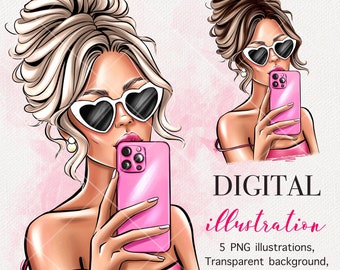 DIGITAL DOWNLOAD Girl Clipart, Cute Girl PNG, Digital Girl with IPhone, Selfie Phone Women Graphics, Fashion Print Scrapbooking Planner Desi