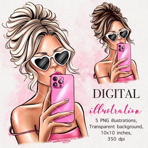 DIGITALER DOWNLOAD Mädchen Clipart, süße Mädchen PNG, digitale Mädchen mit IPhone, Selfie Telefon Frauen Grafiken, Mode Print Scrapbooking Planer Desi Bild 1