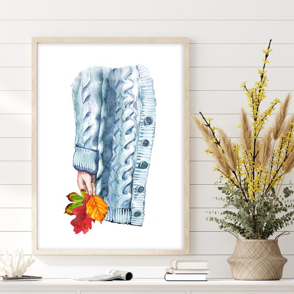 Fall Wall Decor, Watercolor Print, Fall Printable, Light Blue Fall Decor, Light Blue Sweater with Hand Holding a Bouquet of Autumn Leaves