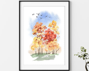 Fall Printables, Watercolor Fall Foliage Landscape, Autumn Trees, Autumn Leaves, Fall Wall Art, Fall Decor, Watercolor, Fall Home Decor