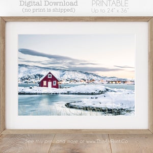 Scandinavian Winter Landscape at Dusk Art Print, Scandinavian Print, Nordic Home Decor, Norway Red Wooden Rorbu House in the Snow at Sunset