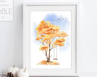 Fall Printable, Watercolor Fall Wall Decor, Watercolor Tree Print, Holiday Sign, DIY Fall Home Decor, Fall Tree Print, Fall Tree with Swing
