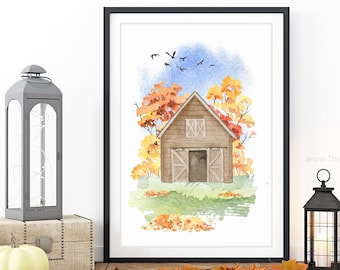 Barn in the Fall Printable Wall Art Watercolor Farm Print Fall Print Thanksgiving Decor Farmhouse Fall Decor Farmhouse Decor Fall Printable