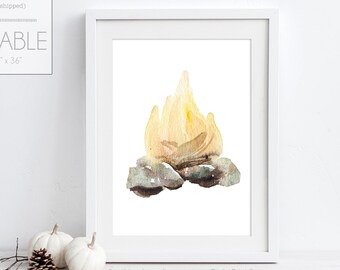 Campfire Watercolor Art Printable, Camping, Campfire, Summer, Fall, Nights, Fire, Flames, Wall Decor, Home Decor
