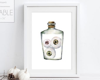 Spooky Halloween Printable, Watercolor Print, Spooky Eyeballs in Glass Jar Halloween Print, Fall Decor, Halloween Poster, Halloween Decor