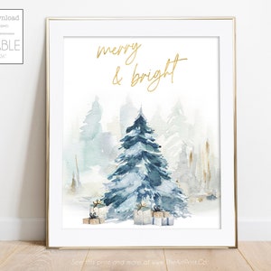 Merry & Bright Printable Wall Art, Watercolor Christmas Tree Print, Holiday Sign, Winter Decor, Christmas Decor, Farmhouse Decor