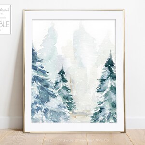 Impresión de árboles de hoja perenne nevados, arte de pared imprimible de bosque de invierno, pintura de acuarela navideña, paisaje de invierno, póster de pino nevado