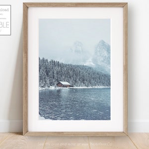 Snowy Cabin Lake Print: Winter Mountain Landscape (Digital Download)
