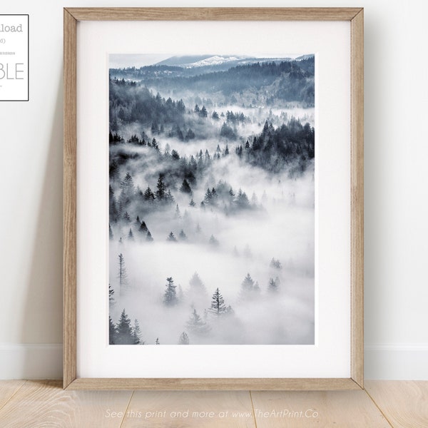 Foggy Mountain Forest Print Forest Photography Printable Nordic Nature Wall Art Horizontal Poster Scandinavian Print Wilderness Wall Art