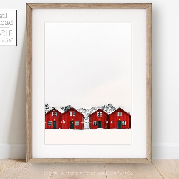 Scandinavian Home Decor, Minimalist Nordic Art Print, Line of Red Houses Against White Winter Sky, Winter Printable, Christmas Printable Art