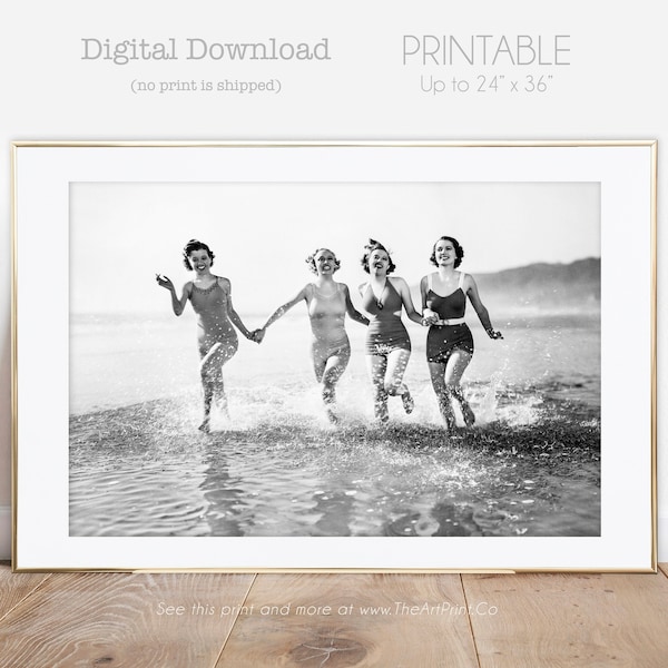 Vintage Photo, Women On Beach Running In Surf, Wall Art Black And White Photography Print Poster Decor Celebrate Happy Joy Dancer Girls Gift