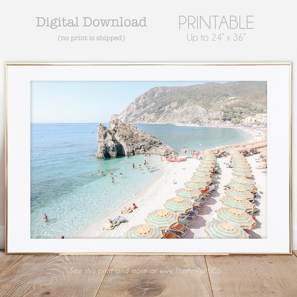 Aerial Italian Beach Photo, Vintage Summer Vibe, Italian Riviera Beach Print, Monterosso al Mare, Cinque Terre Italy Art Print