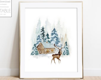 Winter Wonderland print, vakantie kunst aan de muur, kerst afdrukbaar, winter bos print, aquarel kerst, digitale DOWNLOAD