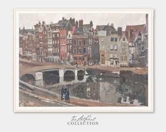 Amsterdam Cityscape Painting, Vintage Neutral Wall Art, Kitchen Shelf Print Digital PRINTABLE, Bohemian Art Print, Grandmillennial Style